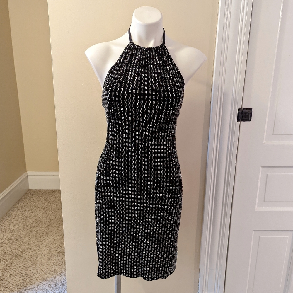 Vintage Scott McLintock black w/ gold glitter chain design halter dress size 10